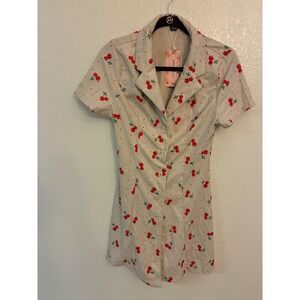 Shein Mod Cherry Print Corduroy Mini Dress NWT Cream Red Short Sleeve